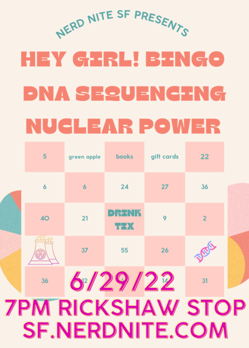 flyer for Nerd Nite SF: A bingo board with event details. June 29 2022, 7pm Rickshaw Stop. 
